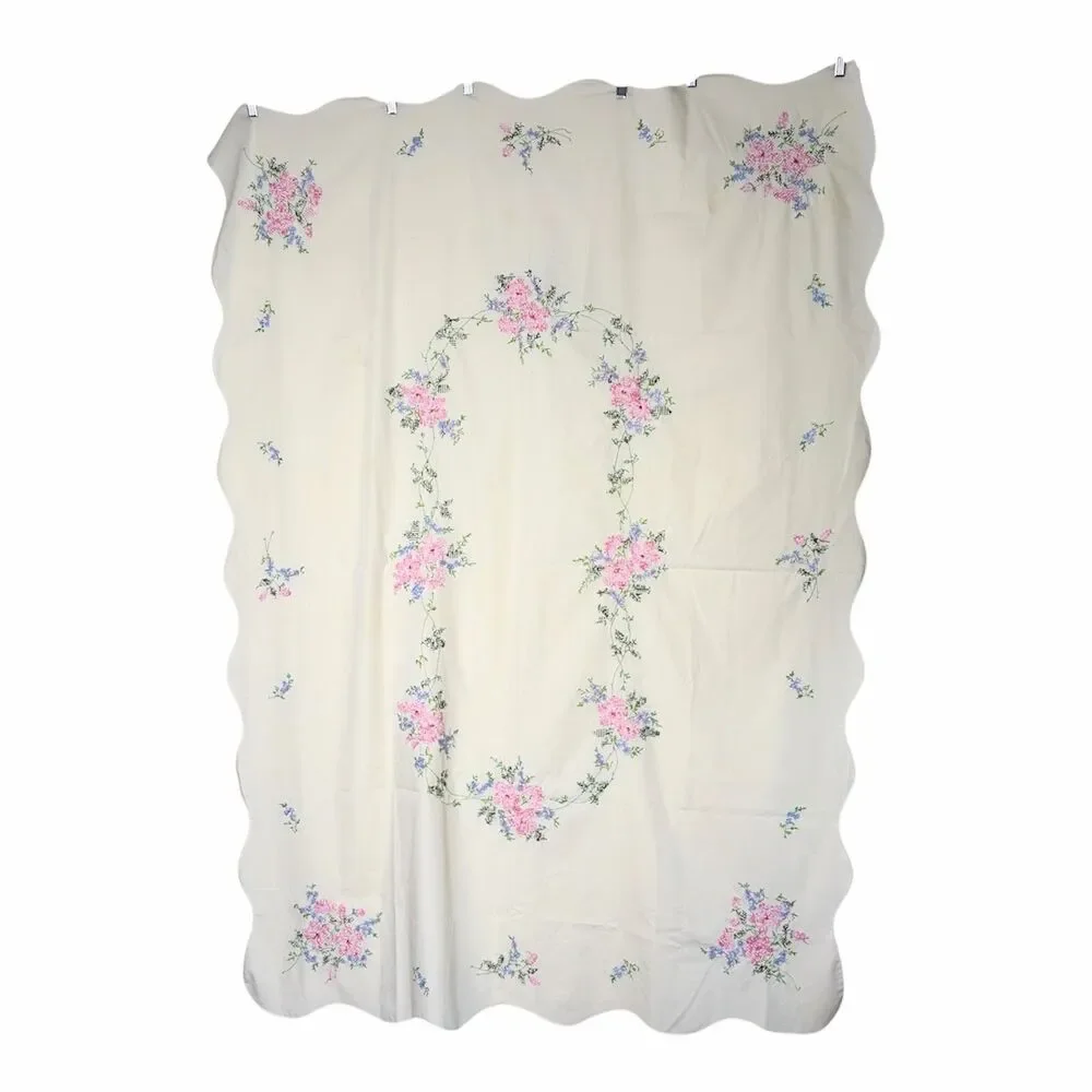 Embroidered Table Cloth Cottagecore Scalloped Hem Cross-Stitched Floral 47